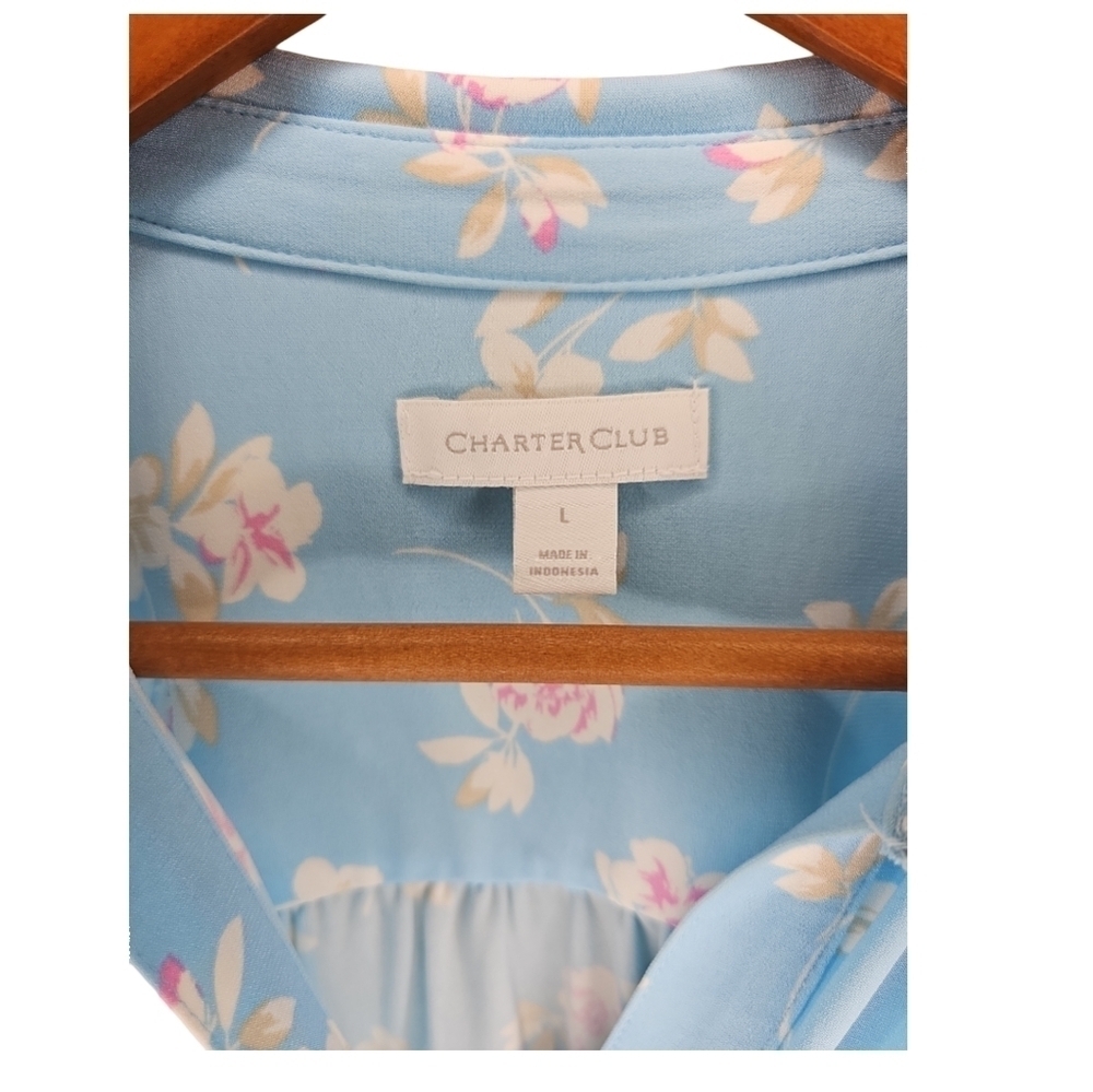 Charter Club Sky Blue Floral Print 3/4 Sleeve Top Size L - Picture 4 of 9